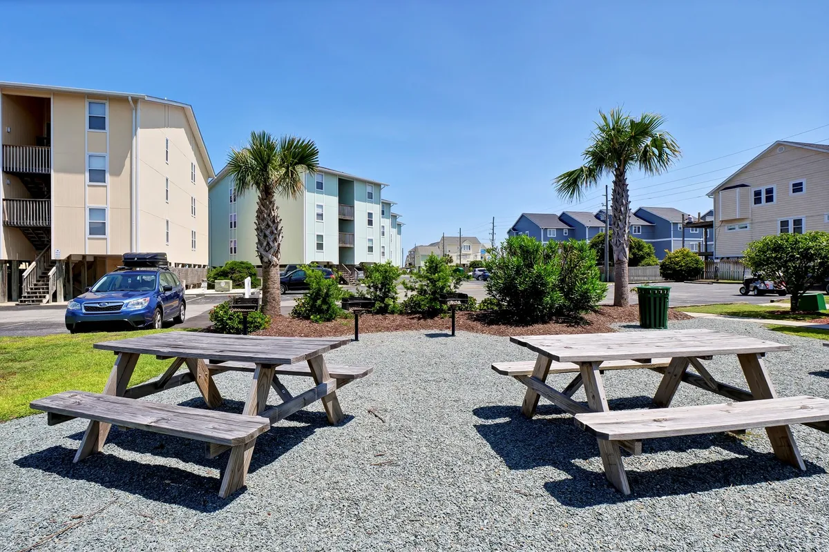 Shaded picnic tables are nestled among palm trees and landscaping, creating a relaxed, community-oriented outdoor dining space. The scene is casual and welcoming, suggesting opportunities for picnics, grilling, and social gathering just steps from the living areas.